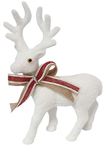 Weihnachtlicher weißer beflockter stehender Elch, gefülltes Plüsch-Rentier mit Schleife, Ornament, Tiermodell, Heimdekoration, Rentierfiguren, Basteln