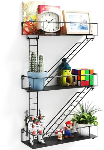 LUPWNEKA Black Metal Fire Escape Wall Shelf, Unique Decorative Shelves for Wall, New York Shelf Ladder Storage, Funky Knick Knack Shelf Organizer, Industrial Wall Shelves for Bathroom,Living Room