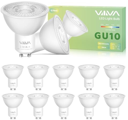 VIIIVA GU10 Led Bulbs Cool White-12 Packs,7W 6000K Spotlight Light Bulb, (50W Equivalent) Energy Saving, CRI>80, 510LM, 38° Beam Angle, Non-Flicker, Non-Dimmable, for Home Lighting
