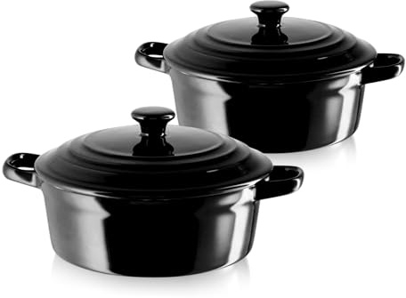 KHG Auflaufform mit Deckel 2er Set, Schwarz 0,5 Liter klein, Keramik Steingut rund, Servierform mit Griffen, ofenfest 200°C & mikrowellenfest, Mini-Schmortopf, Mini-Bräter, Mini-Cocotte