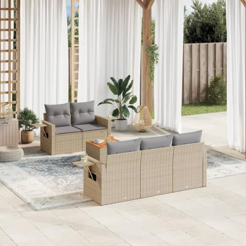 Rantry 6-TLG. Gartenmöbel Set mit Kissen Gartensofa Balkonmöbel Gartenlounge Ecklounge Ecksofa Loungesofa Sitzgruppe mit Gartentisch Loungemöbel Beige Poly Rattan