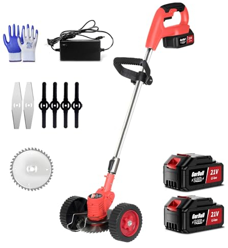 Meeteu Akku Rasentrimmer 21V 180W mit 2 Batterien und Ladegerät, Drahtlose Akku Freischneider mit Verstellbarer Griff für Rasen Garten Beschneiden