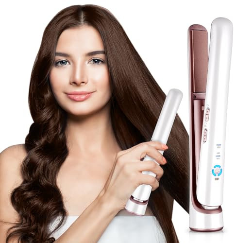 CkeyiN Cordless Hair Straighteners, 2 in 1 Wireless Straighteners and Curler with USB Charging, 3 Temperature Levels & Fast Heat Up, 5200mAh Long Battery Life Portable for Travelling Flat Iron