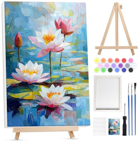 Lxmsja Lotus måla efter siffror vuxna barn med ram, måla efter siffror blomma med trästaffli, gör-det-själv-set vuxna med penslar och akrylfärger oljemålning duk för hem dekoration, 20 x 30 cm