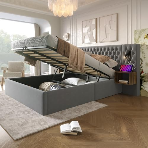 Merax Polsterbett Doppelbett Bettanlage mit 2 Nachtkommoden, Funktionsbett mit Kopfteil Leselicht & USB Ladefunktion, Hydraulisch Stauraumbett, klassischer Stil, Samt, 180×200cm, Ohne Matratze, Grau