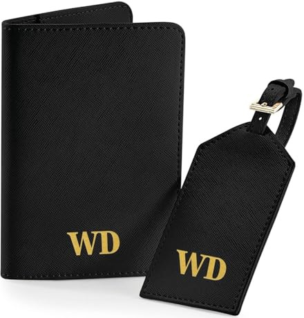 Personalisiertes Reisepasshüllen- Und Gepäckanhänger-Set, Personalisierter Reisepasshüllen-Gepäckanhänger Aus Leder Mit Prägung, Reisegeschenk For Hochzeitstag, Personalisierte Monogrammierte(Black)