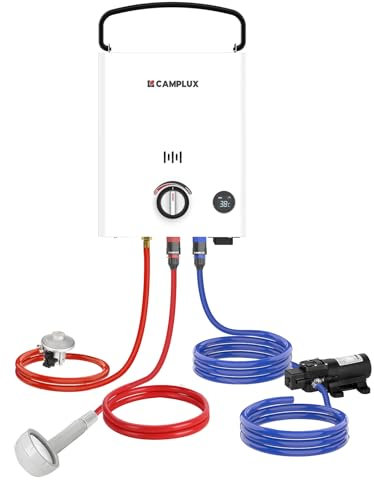 CAMPLUX First 5 Litri Scaldabagno a Gas con Pompa dell'acqua per Doccia Esterna, Campeggio, Butano (28-30mbar) / Propano (37mbar), F5 Pro