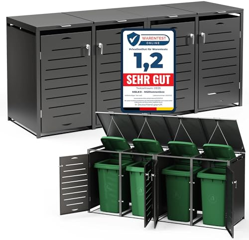 Melko Mülltonnenbox Mülltonnenverkleidung für 4 Tonnen bis 240 L Anthrazit | verzinkter Stahl pulverbeschichtet, Automatikdeckel mit Gasdruckdämpfern, Belüftungsschlitze, erweiterbar, inkl. Montageset