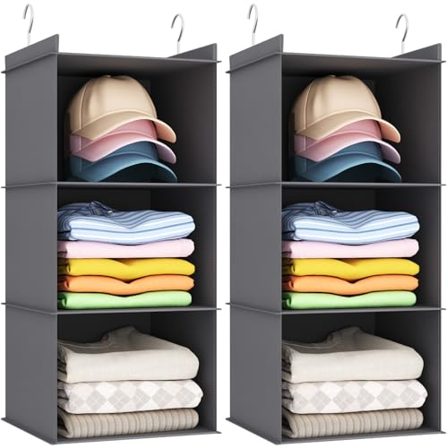 Lifewit 2 Pack Hanging Storage with Metal Hooks, 3 Shelves Foldable Wardrobe Closet Storage Organiser, Fabric Hanging Shelves Organiser for Clothes, Towels, Shoes, Toys