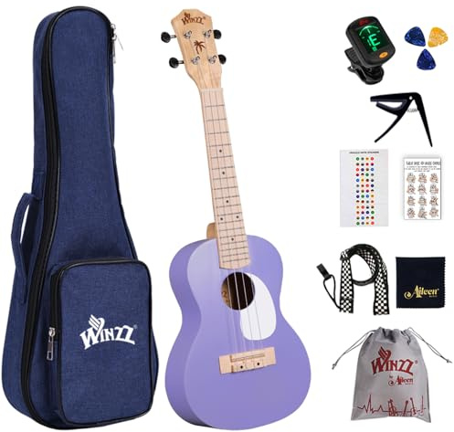 Winzz Ukulele per bambini concerto, ukulele per adulti principianti set, 23 pollici, con 9 accessori, piccola chitarra per bambini principianti 4 corde (colore: viola, legno)