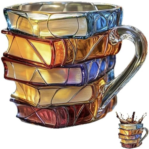 HiMrLuo Painted Book Mug, Funny Novelty Reading Coffee Cup with Charming Book-Themed Designs,Novelty 3D Painted Books Coffee Mug,Glass Stack Shaped Mark Cup for Literature Lover 1 Piece