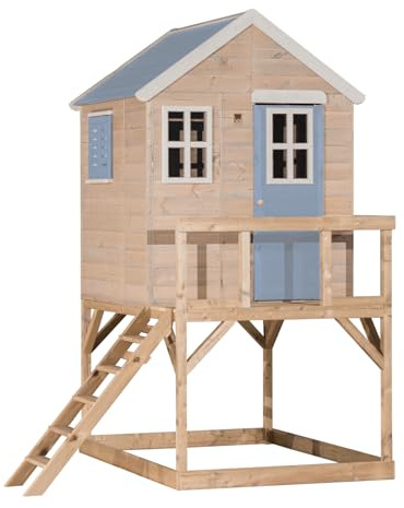 Wendi Toys casetta da esterno su piattaforma 90 cm, con persiane e 3 finestre, 167×197×242 cm, legno FSC durevole, gioco da giardino per bambini, blu - M21PB