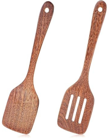 RQcMid Pfannenwender Holz, 2x Kochlöffel Olivenholz Und 1x Spatula Holz, Spülmaschinenfest, Langlebig Und Praktisch Für Die Küche