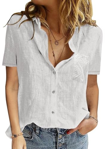 Yuson Flicka damblus sommar chiffong blusar toppar v-ringad kortärmad damtoppar elegant solid färg lös passform vardagliga t-shirts, A-vit, S