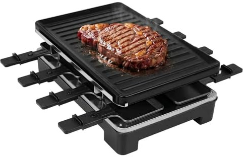 2-in-1 Raclette Set 8 Personen mit 8 Raclette Pfännchen, 40 x 20 cm | Antihaft Beschichtung Grillpfanne, Raclette-Kombination mit Temperaturregelung für Familienfeier und Grill im Freien, 1500W