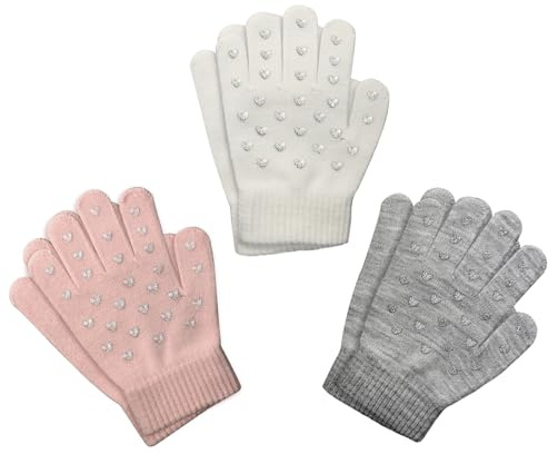 Evridwear Boys Girls Magic Stretch Gripper Gloves 3 Pair Pack Assortment, Kids One Size Winter Warm Gloves Children (3 Pairs Heart Printing, 4-6Years)