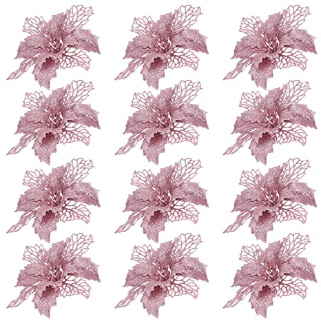 12 stücke Glitter weihnachtsstern künstliche weihnachtsstern künstliche weihnachtsbaumschmuck Ornamente (rosa)