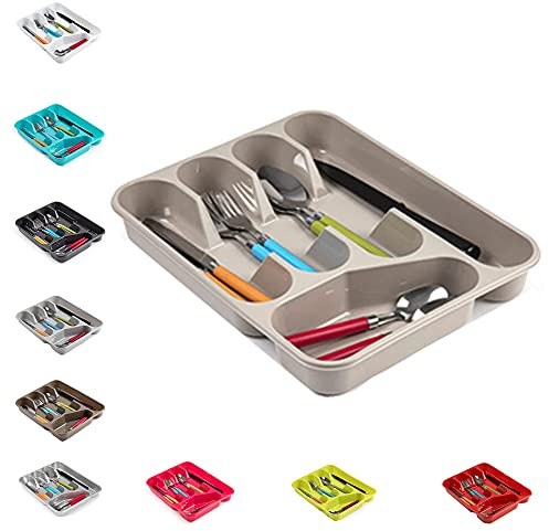 PLASTIFIC Großer Besteckkasten Besteckorganizer Starker Kunststoff-Schubladen-Schiebe-Ordnungsregal-Halter Schubladeneinlage Ordnungsspeicher, 33,5 x 26,5 x 4,5 cm - Solide Basis, Taupe