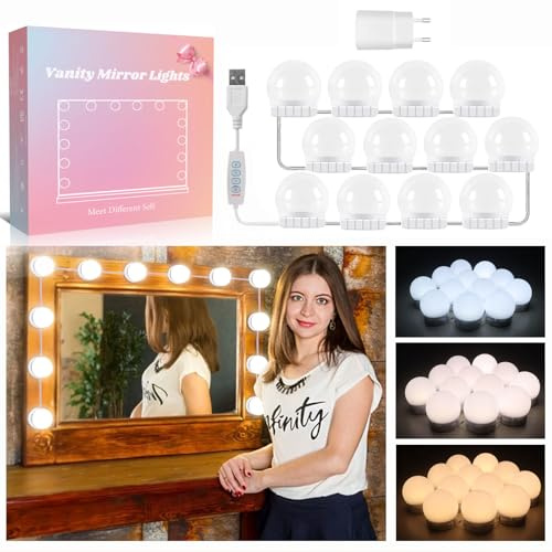 Akynite Spiegelleuchte Hollywood 12 LED Birnes mit Adapter, 3 Farbwechsel & 10 Helligkeit, Spiegellampe USB mit Schalter und Kabel, Make up Licht Dimmbar für Schminktisch Kosmetikspiegel Bad