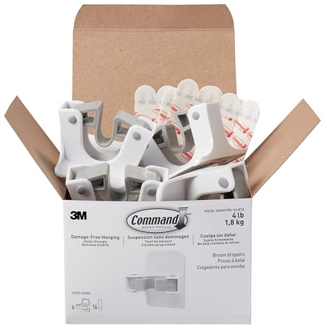 Command Broom Grippers, 6 Hangers and 16 Strips, Damage-Free Mop and Broom Holder Wall Mount, Household Cleaning Tool Organizer for Kitchen, Laundry Room, Closet, Holds up to 4 lb