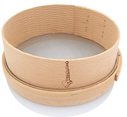 PRIMOLEGNO Tamiz de Madera Maciza Certificado | Diámetro 16 cm | Malla fina 1x1 mm | Adecuado para Tamizar Harina, Cereales, Azúcar, Maíz, Arroz, Arena | Red Grabable