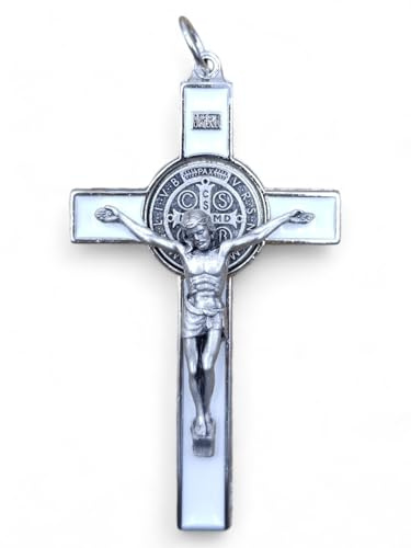 La Balestra Croce di San Benedetto in metallo - corpo placcato argento 999 - Made in Italy - 8X5,5 cm (Bianco)