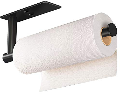 VAEHOLD Self Adhesive Paper Towel Holder Under Cabinet Mount, Wall Mount Paper Towel Roll Rack for Kitchen Cabinet, Bathroom, SUS304 Stainless Steel Black