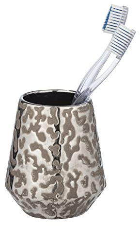 WENKO Zahnbürstenhalter Burgos aus hochwertiger Keramik mit brillantem Musterspiel, extravaganter Zahnbecher Ø 9,1 x 10,5 cm, Bad-Accessoire für Zahnbürsten, strukturierte Oberfläche, Graubraun/Platin