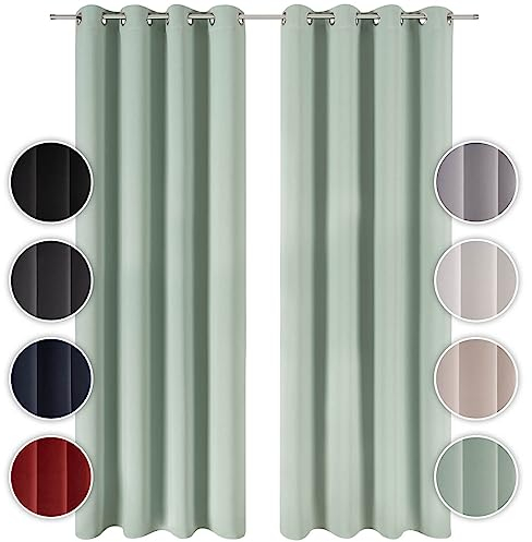 Blumtal Verdunklungsvorhänge 2er Set - Thermovorhang Hitzeschutz - Vorhang Blickdicht mit Ösen - Gardinenschals mit Schlaufen - Lärmschutzvorhang - Gardinen 160x132 cm - Blackout Curtain - Grün