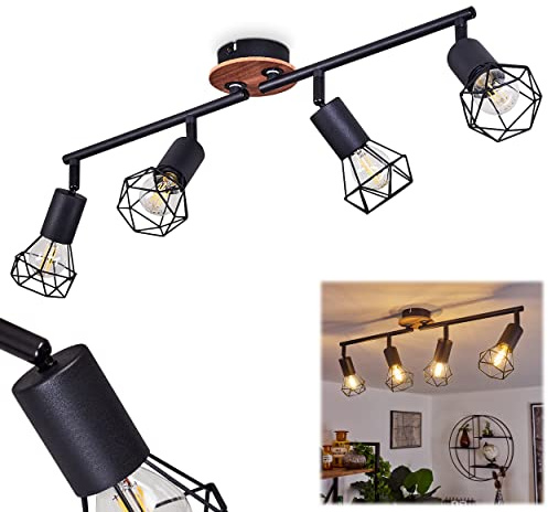 HOFSTEIN Deckenleuchte Baripada, verstellbare Deckenlampe aus Metall/Holz in Schwarz/Natur, Leuchte im Retro/Vintage-Design, Lichteffekt durch Gitter-Optik, 4xE14, Wohnzimmer, Esszimmer, Schlafzimmer