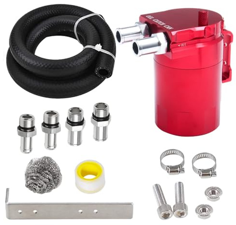 PWR FEVER Upgraded Baffled Oil Catch Can Kit Aluminum Reservoir Tank with 3/8 Strengthened NBR Fuel Line Red 400ml