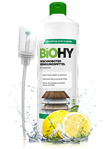 BiOHY Wischroboter Reinigungsmittel (1l Flasche) + Dosierer | Bodenreiniger Mittel für Holzböden | Laminat & Parkettpflege | streifenfreier Glanz auf wasserfestem Holz | schaumarmes Konzentrat
