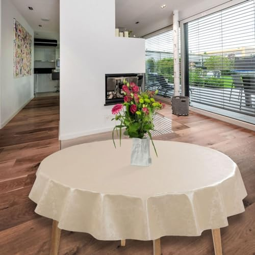 laro runde 140 cm wachstuchtischdecke wachstischdecke abwashbar PVC tischdecke Wachstuch wasserabweisend Garten tischdecke, Muster:Geprägt Blumen Beige Creme