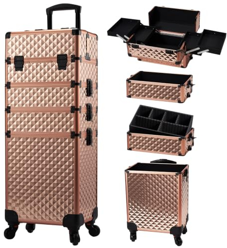 Valise de Maquillage 4-en-1 XXL Grande Capacité, Cadre Aluminium Mallette Cosmétique Verrouillable à roulettes 360°, pour Coiffure, Onglerie, Or Rose