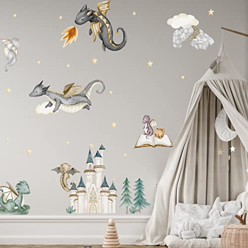 WANDKIND Drachen Welt Wandtattoo Kinderzimmer V371 | handgezeichnet | AUFKLEBER Kindergarten | Babyzimmer Wandsticker Wanddeko Dekoration Schloss Burg Drache Dragon (60 x 60 cm)