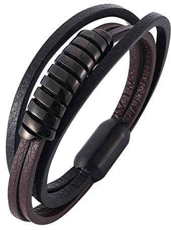 KnSam Armband Leder, PU Leder Armbänder Personalisiert Mehrschichtig Bettelarmband Edelstahl Handhandgelenk Kette Red Schwarz mit Magnet Verschluss, Länge 18.5CM Männer Geschenke