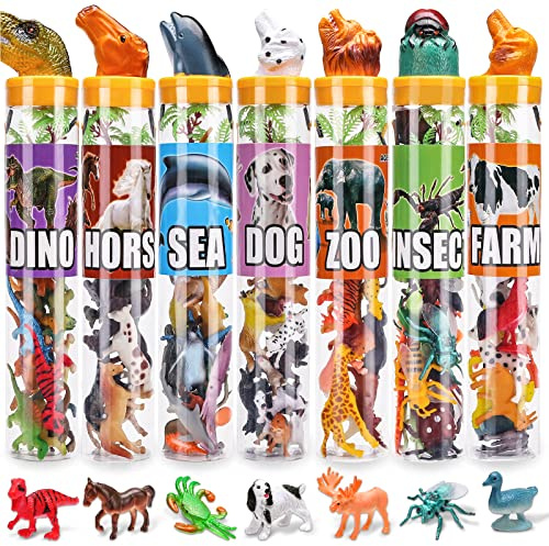 KarberDark 95 Pcs Small Animal Toys, Assorted Mini Ocean, Zoo, Farm, Dinosaur, Insect, Dog and Horse Figure, Little Plastic Animals Figurine for Easter, Sensory Bin Stuffers, Birthday Gifts,Kid 3-5