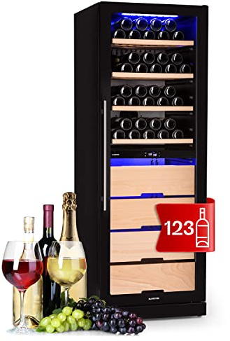 Klarstein Weinkühlschrank, Getränkekühlschrank Schmal, 2 Zonen Kühlschrank mit Glastür, Getränkekühlschränke Freistehend, Weinkühlschrank Klein, Weinkühlschränke mit UV-Schutz, 5-18°C, 123 Flaschen