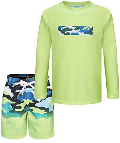 Boys Two Piece Rash Guard Swimsuits Set with Swim Trunk Kids Long Sleeve Bathing Suit Swimwear Set Green Gradient Camo Size 8/7-8 Years
