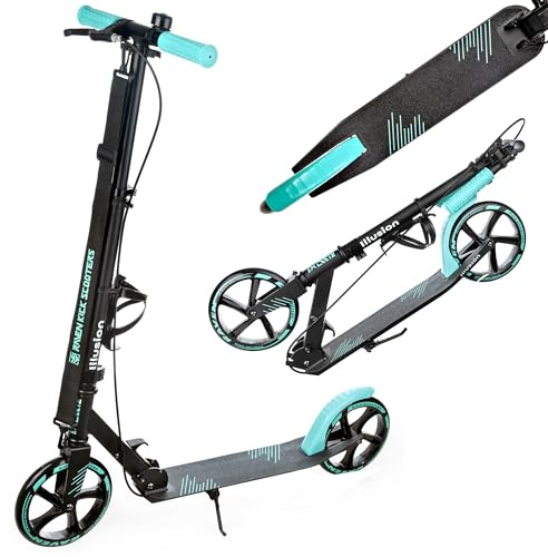 RAVEN – stuntscooter, sparkcykel – sparkcykel för barn och vuxna – hopfällbar, höjdjusterbar, bärrem, ringklocka, flaskhållare – Illusion Mint med Handbroms, 200 mm