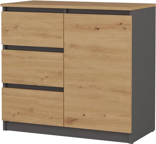 CDF Kommode Anthrazit Artisan 1 Tür und 3 Schubladen Komode & Sideboards Sideboard 75 cm Hoch Wohnzimmer Schubladenkommode Komodenschrank 40x80x75 für Schlafzimmer Arbeitszimmer Flur Schubladenschrank
