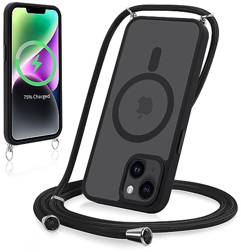 Yoedge Magnétique Coque pour iPhone 14/iPhone 13 6,1 avec Cordon, Compatible avec MagSafe, Étui Mat Translucide Rigide PC + TPU Bumper Antichoc Protection Housse avec Collier Laniere Case, Noir