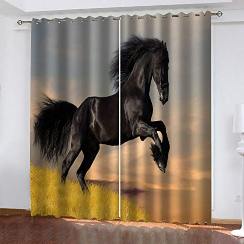 MAYNUO Blickdichte Vorhänge Mit Motiv 3D Schwarzes Tier Pferd Kinder Gardinen Blickdicht Ösen Gardine Thermo 264x214 cm Schlafzimmer Kinderzimmer Vorhänge Dekoratives Muster, Verdunklungsvorhänge