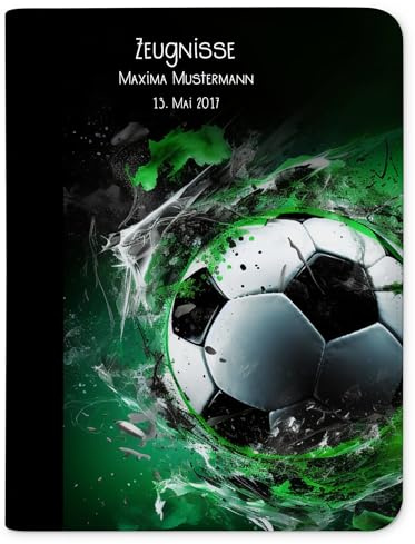 CreaDesign Zeugnismappe A4 mit Namen personalisiert – Fußball Splash – für Jungen – Dokumentenmappe Schule ohne Klarsichthüllen