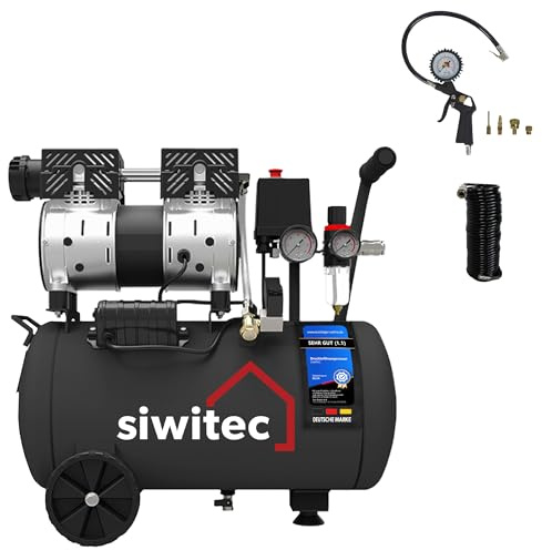 siwitec Flüsterkompressor SK-750 inkl. 10 m Druckluftschlauch und Reifenfüller mit 4 Adaptern | Kompressor mit 750 W, 24 L Kessel, max. Druck 8 bar, 67 dB, 126 l/min Ansaugleistung | ölfrei