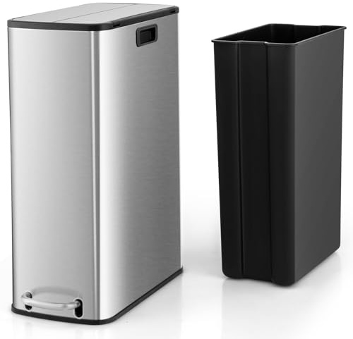 COSTWAY Poubelle Cuisine 46L Acier Inox, Pédale Amortisseur | Couvercles Scellés, Fermeture Douce, Anti-Empreintes, Seau Amovible