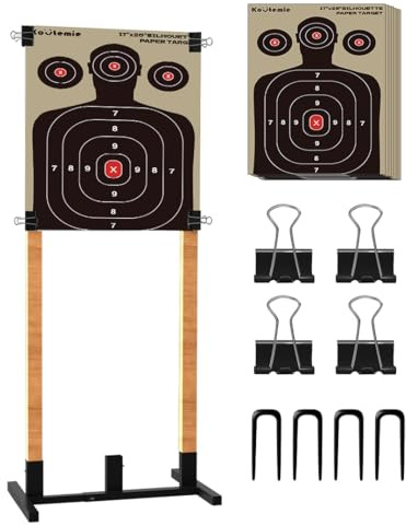 Koutemie Outdoor Shooting Target Stand With 10pcs 17x25 Inch Paper Targets, Heavy Duty Range Holder With Adjustable Base for Cardboard Silhouette, H Shape, Black