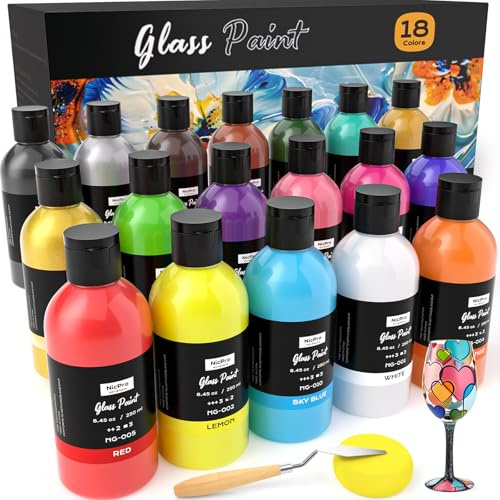 Nicpro 18 Colors Acrylic Glass Paint Set (8.45 oz, 250 ml) Large Bulk Enamel & Ceramic Painting Supplies Kit for Wine Bottle Glass Jars Windows with Sponge & Art Knife, Opaque Gloss Finish | Enamel & Ceramic Painting Supplies Kit for Wine Bottle Glass Jars Windows with Sponge & Art Knife, Opaque Gloss Finish