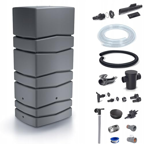 Dikel - Aqua Tower - Regentonne - Wassertank - Regenfass - Regenwassertonne mit Zubehör - Regenwassertank - Wassertonne, Wasserfass, Regenwasserspeicher - 650l, Grau