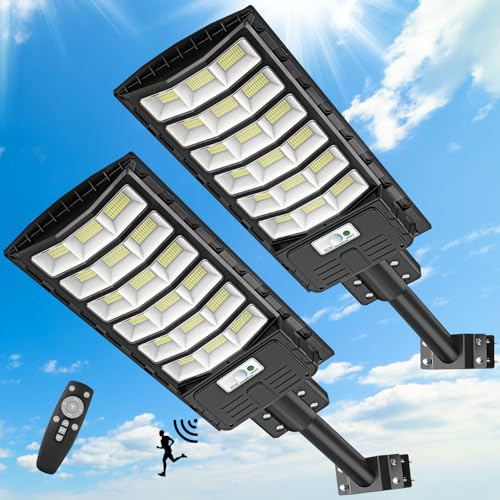 Lampadaire Solaire Extérieur 600W - 2 Pièces avec Détecteur de Mouvement & Télécommande - 594 LEDs 6500K 60000LM IP65 Imperméable pour Parking